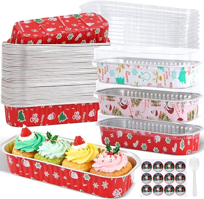50Pack Mixcolor Christmas Mini Cake Pans with Lids and Spoons Mini Loaf Pans with Lids, 6.8Oz Aluminum Foil Pans Tins, Individual Dessert Cups Containers for Sales,Party,Picnics