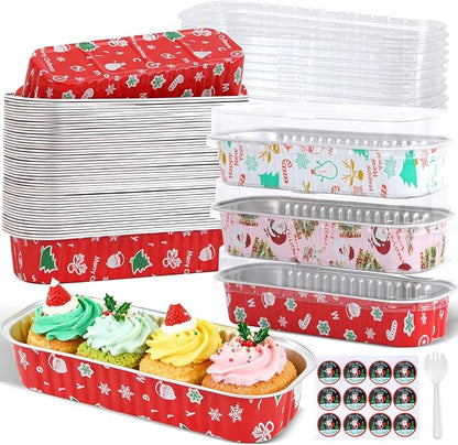50Pack Mixcolor Christmas Mini Cake Pans with Lids and Spoons Mini Loaf Pans with Lids, 6.8Oz Aluminum Foil Pans Tins, Individual Dessert Cups Containers for Sales,Party,Picnics