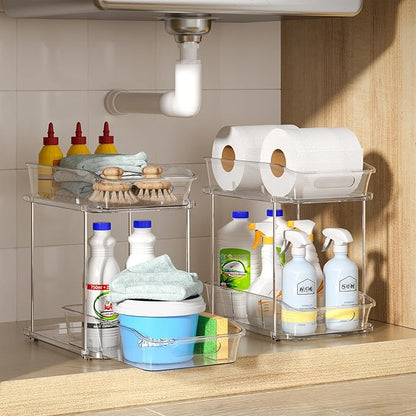 Delamu 2-Tier Under Sink Organizers and Storage, Multi-Purpose Stackable Bathroom Cabinet organizers, Pull Out Kitchen Pantry Organization and Storage with Dividers(4 Pack, Clear)