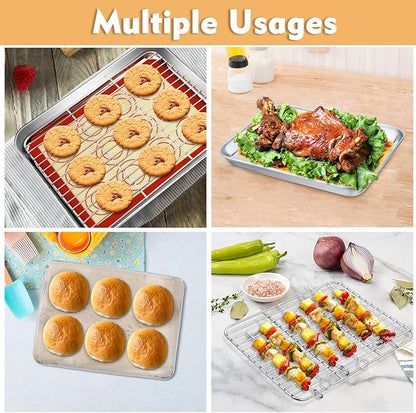 P&P CHEF 9 Inch Baking Oven Sheet Pan with Rack & Mat for Cookie, Stainless Steel Oven Sheet Tray Cooling Rack and Silicone Mat for Baking & Roasting, Dishwasher Safe & Healthy, 3Pcs