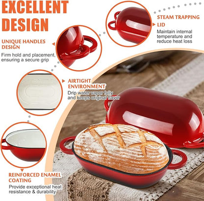 Enameled Cast Iron Oval Dutch Oven Pot with Lid, 5 QT Dutch Oven for Sourdough Bread Baking, Bread Loaf Pan with Lid & Bread Oven (Red)