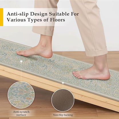 Kitchen Mats for Floor Thick Anti Fatigue Waterproof Vintage Spring Floral Kitchen Rugs 2PCS Cushioned Non Blue Comfort Standing Mats for Sink Laundry Office 17.3"×47"+17.3"×30"