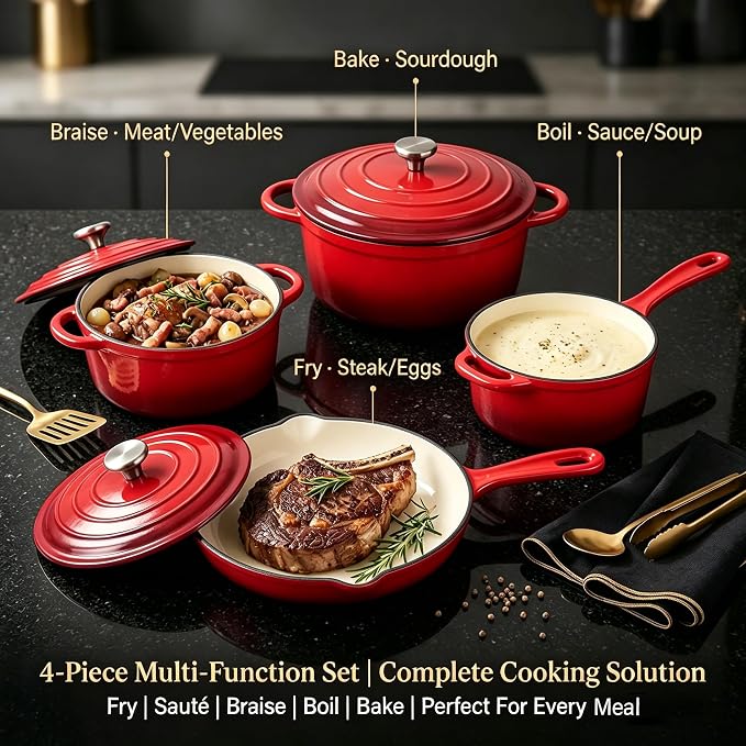 QuliMetal Enameled Cast Iron Cookware Set, 4-Piece Pots and Pans Set with Lids, 10.25" Skillet, 2QT Saucepan, 2.8QT & 4.8QT Dutch Ovens, Oven Safe to 500°F, All Stovetops Compatible - Rouge Red