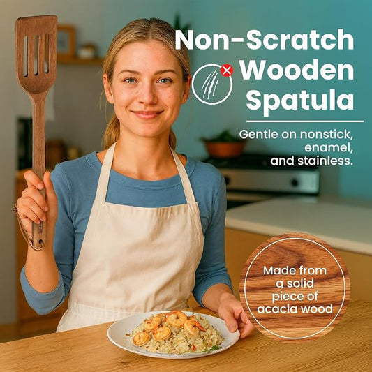 18 Inch Long Wooden Slotted Spoon for Cooking, Acacia Wood Spoon with Holes (Slotted Spatula)