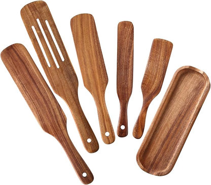 Wooden Spurtle Kitchen Utensils,QWKIT 6 Pcs Premium Natural Teak Wood Slotted Spurtle Spatulas Spoons Set for Nonstick Cookware Kitchen Cooking Heat Resistant Non Stick (with holder)