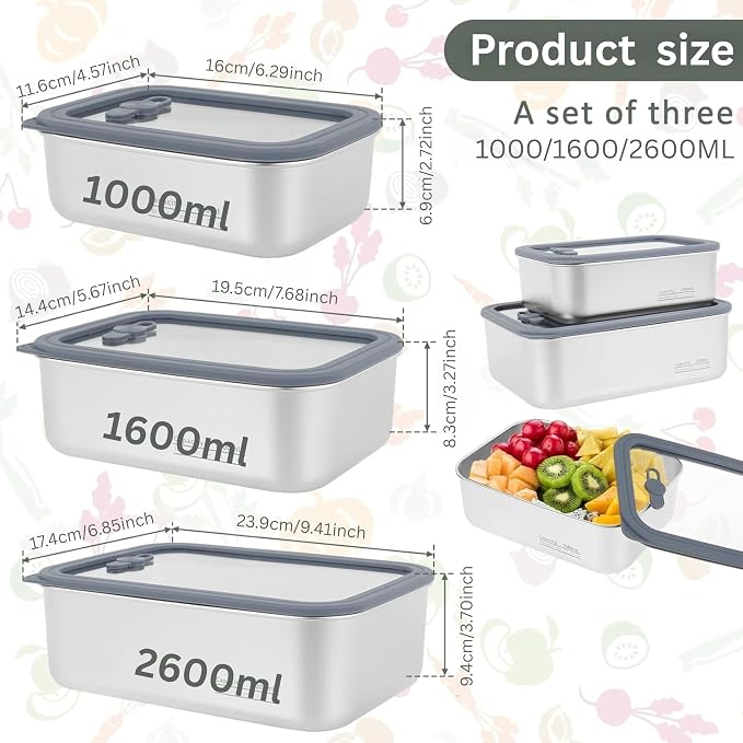 Stainless Steel Food Storage Containers-3Pcs Leakproof, Airtight Stainless-Steel Bowls with Lids, Freezer/Dishwasher/Microwave Safe Containers, Durable & Stackable Stainless Steel Containers with Lids