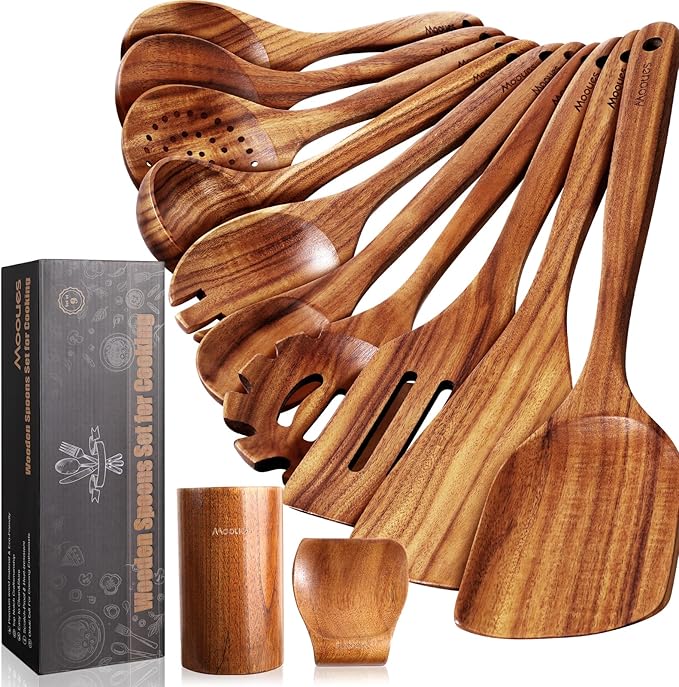 Cooking Utensil Sets, Wooden Spoons for Cooking, Smooth Finish, Non-Stick, Comfortable Grip (8 PCS)