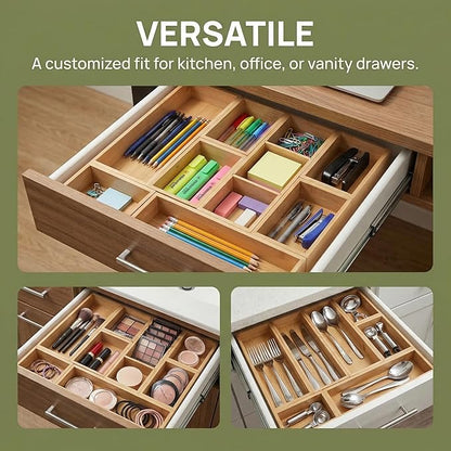 Bamboo Drawer Organizer,Fits Kitchens,Bathrooms,Desk,Utensil,Makeup,Removable Dividers (Natural, M)