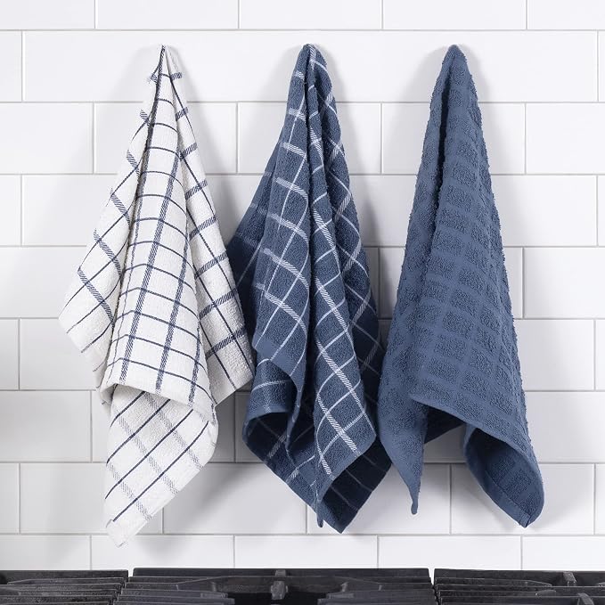 Ritz Premium 100% Cotton Terry Check Kitchen Dish Towels - Highly Absorbent, Super Soft, Long-Lasting, 25"x15", 3-Pack, Federal Blue