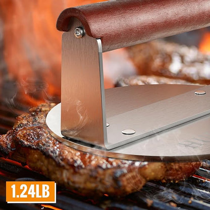 HULISEN Burger Smasher, Stainless Steel Smashed Burger Press, 6 Inch Hamburger Press for Griddle, Heavy-Duty Grill Press with Wood Handle, BBQ Accessories Tool, Weights 1.24 lb, Gift Wrapping