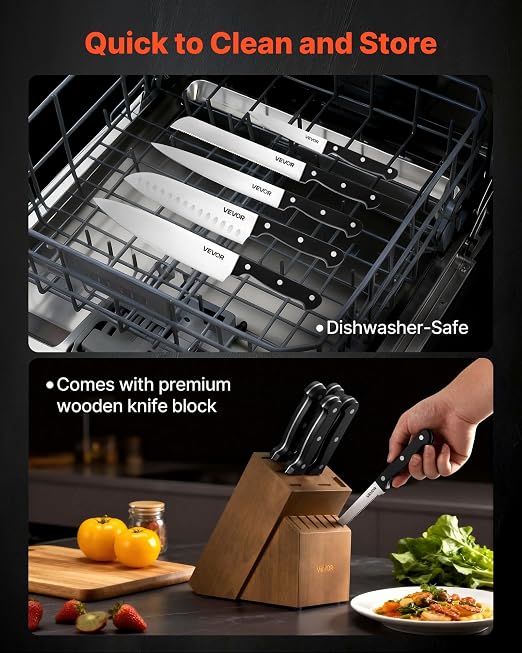 VEVOR Kitchen Knife Set with Block and Sharpener, 15 Piece German High Carbon Stainless Steel Knife Set, Kitchen Cutlery with ABS Ergonomic Handle, Sharpening Rod and Wooden Block, for Home Cooks