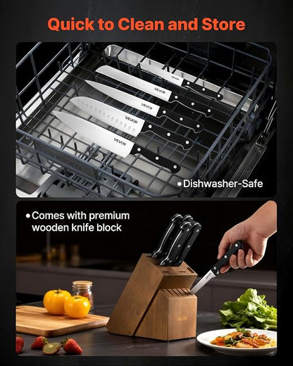 VEVOR Kitchen Knife Set with Block and Sharpener, 15 Piece German High Carbon Stainless Steel Knife Set, Kitchen Cutlery with ABS Ergonomic Handle, Sharpening Rod and Wooden Block, for Home Cooks