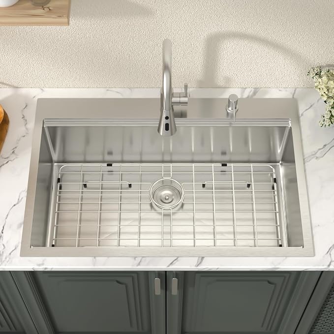 Lordear 33x22 Inch Drop In Kitchen Sink With Faucet - 33 Kitchen Sink With Faucet Combo Workstation 16 Gauge Stainless Steel Single Bowl Topmount Basin with All Accessories, 33x22x10 Inch