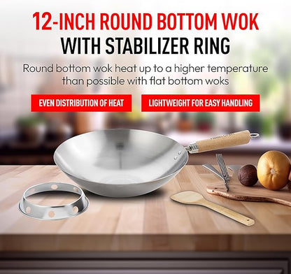 Helen's Asian Kitchen Carbon Steel 4-Piece Wok Set, 12-Inch Round Bottom Wok