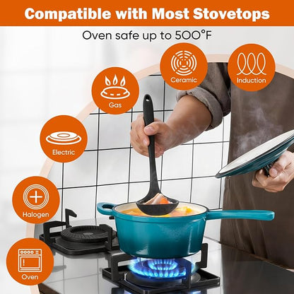 Homikit 3 Quart Saucepan with Lid, Enameled Cast Iron Saucepan for All Cooktops, Heavy Duty Cast Iron Pot for Kitchen Cooking, Boiling, Nonstick & Up to 500°F, Teal Ombre