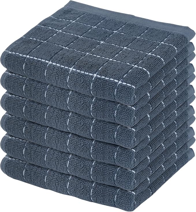 Mordimy 100% Cotton Terry Cloth Dish Cloths, Soft and Absorbent Checkered Dish Towels, Quick Drying Dish Rags for Washing Dishes, 6 Pack, 12 x 12 Inches, Grey
