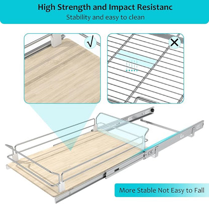 Pull Out Cabinet Organizer 11" W X 22" D, Slide Out Drawers For Kitchen Organizers and Storage, Pull Out Drawers For Cabinets Capacity Heavy Duty Caddy, Cabinet Shelves Wood Chrome, Pantry Storage