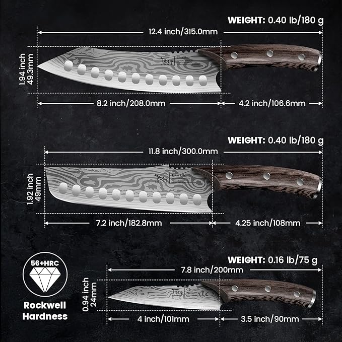 SYOKAMI Kitchen Knife Set, 3-Piece Japanese Style Chef Knives Set (8.2" Kiritsuke, 7.2" Nakiri, 4" Paring) for Precision Cutting, Damascus Pattern, Ergonomic Full Tang Wooden Handle, Cooking Gifts