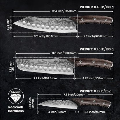 SYOKAMI Kitchen Knife Set, 3-Piece Japanese Style Chef Knives Set (8.2" Kiritsuke, 7.2" Nakiri, 4" Paring) for Precision Cutting, Damascus Pattern, Ergonomic Full Tang Wooden Handle, Cooking Gifts