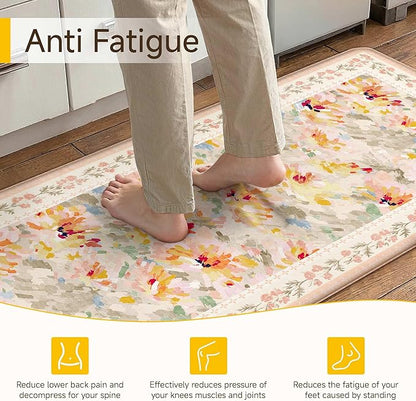 Anti Fatigue Kitchen Mats 2PCS Thick Non Slip Cushioned Rugs Beige Abstract Floral Waterproof Comfort Standing Mats for Floor Sink Laundry Office 17.3"×59"+17.3"×30"