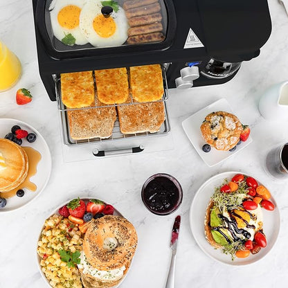 Nostalgia 3-in-1 Retro Breakfast Station - Includes 5 (4 Oz) Cup Coffee Maker, Non-Stick Ceramic Griddle, and 4-Slice Toaster Oven - Built-In Timer, Reusable Coffee Filter, Space-Saving Design - Black