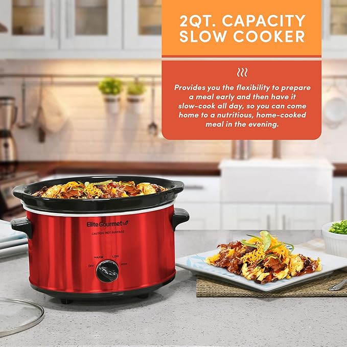 Elite Gourmet MST-275XR# Electric Oval Slow Cooker, Adjustable Temp, Entrees, Sauces, Stews & Dips, Dishwasher Safe Glass Lid & Crock (2 Quart, Metallic Red)