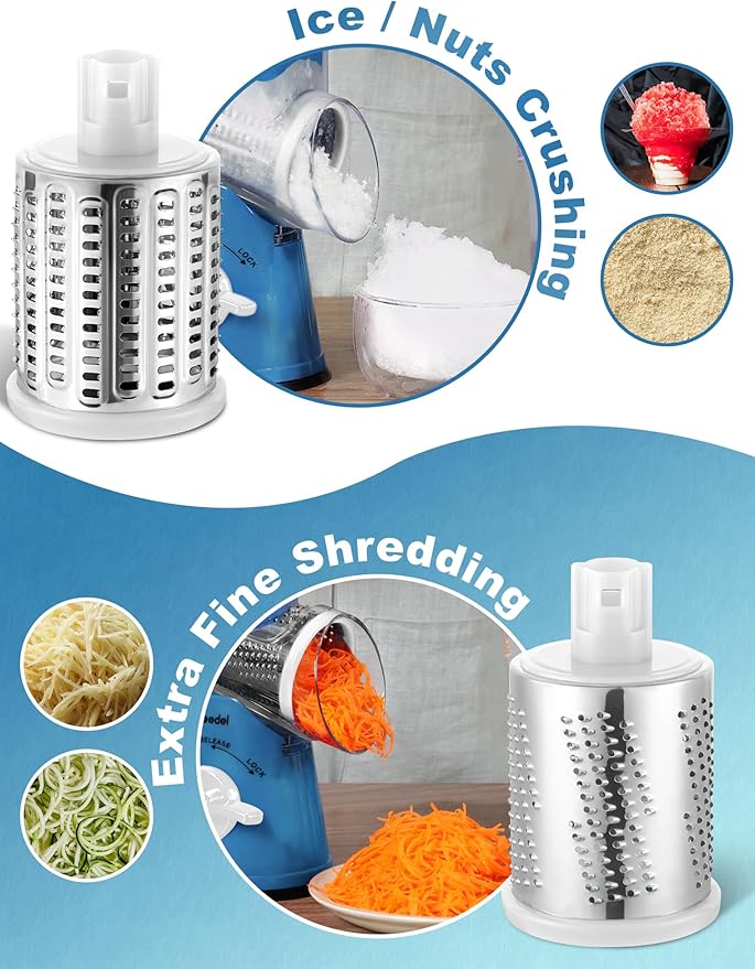 Geedel Rotary Cheese Grater Cheese Shredder - Upgraded 5-in-1 Cheese Grater with Handle and Strong Suction Base, Multi-purpose Vegetable Slicer Ice Shaver Nuts Grinder for Cheese, Vegetables, Ice