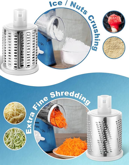 Geedel Rotary Cheese Grater Cheese Shredder - Upgraded 5-in-1 Cheese Grater with Handle and Strong Suction Base, Multi-purpose Vegetable Slicer Ice Shaver Nuts Grinder for Cheese, Vegetables, Ice
