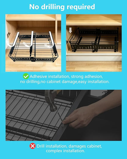KimHong 2 Pack Pull Out Cabinet Organizer, Expandable Drawer Organizer with Adjustable Width 12.4"-19.5", Adhesive No Drill Under Cabinet Shelves for Home Kitchen Pantry with Silent Slides