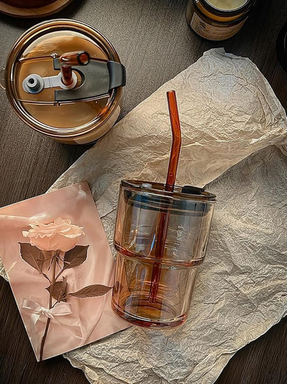 Olvini 13oz Glass Tumbler with Straw and Lid, Reusable Iced Coffee Cup Tumbler, Cute Glass Cups for Water, Matcha, Travel Coffee Mugs (Amber - 13oz)
