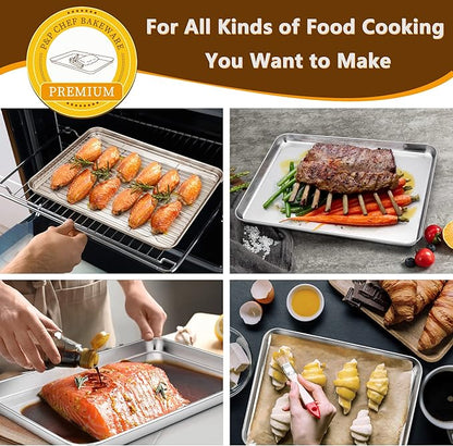 P&P CHEF 12.5 Inch Baking Sheet Pan with Rack Set, Stainless Steel Cookie Sheet Pan Tray with Cooling Rack for Oven Use, Cooking Roasting, Non Toxic & Dishwasher Safe, Heavy Duty