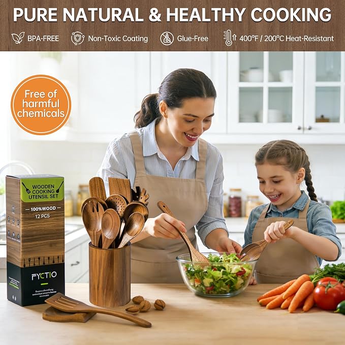 Wooden Utensil Set 12 PCS - Natural Non-Toxic Acacia Wooden Spoons for Cooking, Nonstick, Sturdy, Easy to Clean, Wood Kitchen Utensils Set with Holder, Spoon Rest & 6 Hooks, Ideal for Gifting