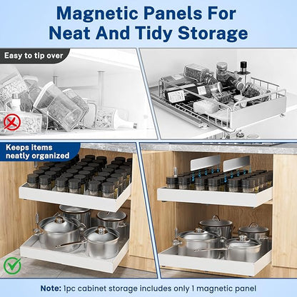 Pull Out Cabinet Organizer Expandable Width(12.2"-20.47") & 21"Deep, Insputer No Drill Adhesive Slide Out Drawers with Upgrade 3 Slide Rails, Magnetic Panel, Roll Out Shelf for Kitchen, Pantry White