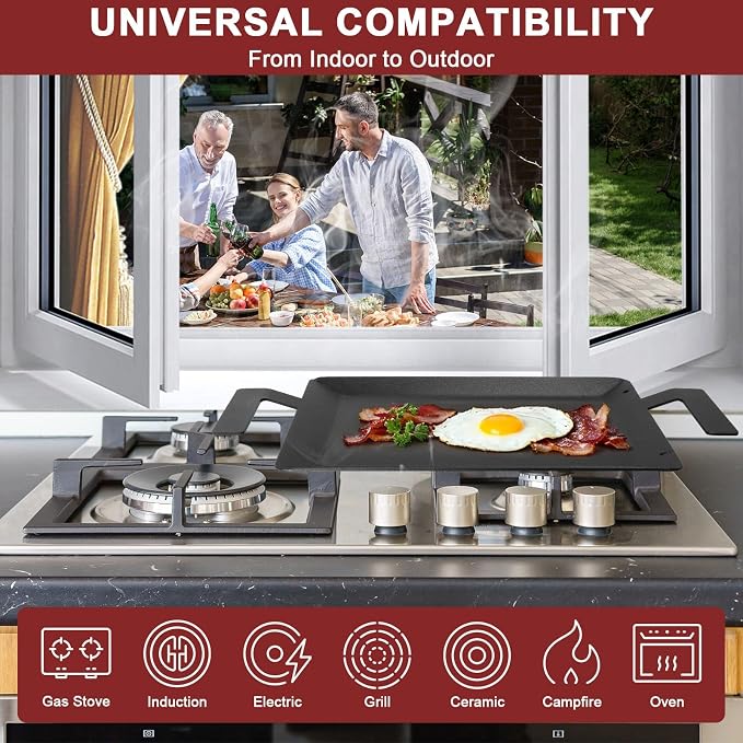 Carbon Steel Griddle - Professional Cookware Griddle Pan for Induction, Stove Top, Gas Grill, Cooktop, Electric and more, 17" x 10" NonStick Flat Top Griddle Plate Skillet, Indoor/Outdoor Use
