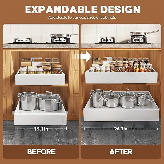 Seinloes 2 Pack Pull Out Cabinet Organizer for Wide Cabinets,Expandable 15.1"-26.3" Width,21" Deep Slide Out Drawers With Raising Pad for Framed Cabinets,3 Slide Rails,No Drill Roll Out Shelves,White