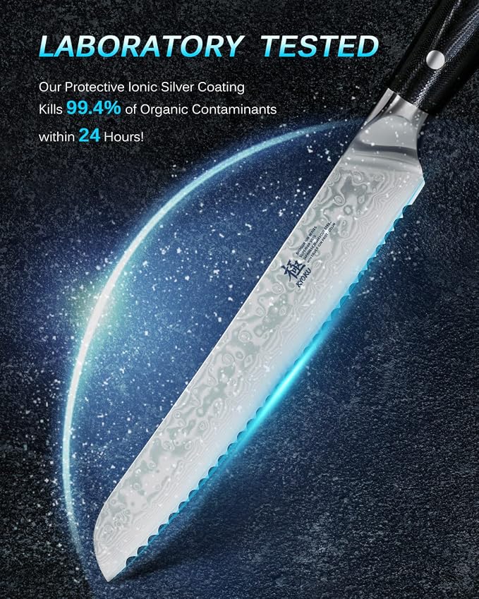KYOKU 8" Serrated Bread Knife - Gin Series - VG10 Damascus Japanese Style Steel Kitchen Knife with Silver Ion Blade G10 Handle Mosaic Pin, Professional Razor-Sharp Bread Cutting Slicing