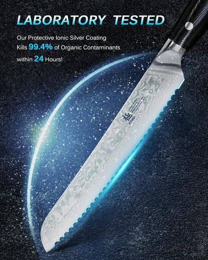 KYOKU 8" Serrated Bread Knife - Gin Series - VG10 Damascus Japanese Style Steel Kitchen Knife with Silver Ion Blade G10 Handle Mosaic Pin, Professional Razor-Sharp Bread Cutting Slicing