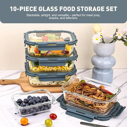 Liuruiyu 10 Pack Glass Food Storage Containers with Glass Lids, Airtight Meal Prep Containers, Leak-Proof Bento Boxes for Microwave, Oven, Freezer & Dishwasher, BPA-Free