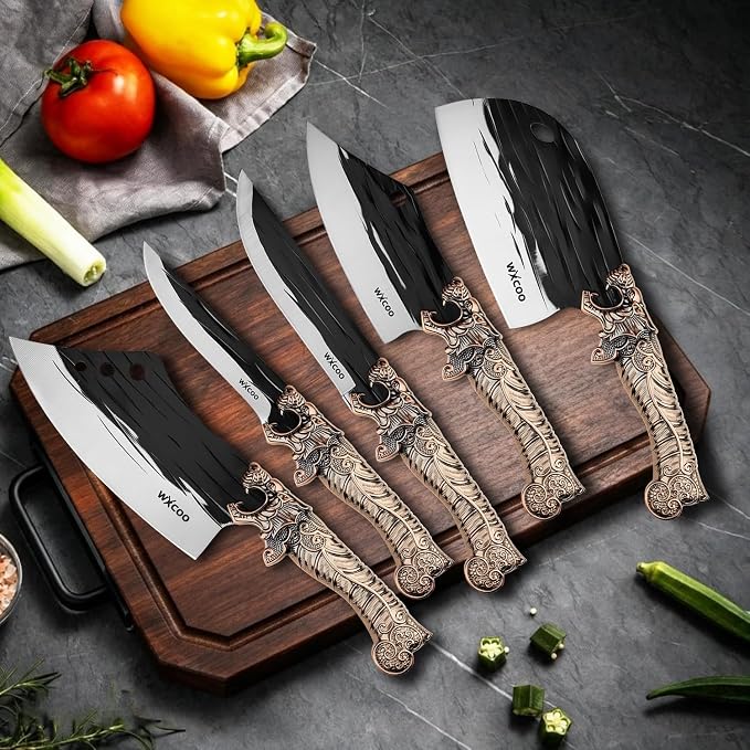 5PCS Butcher Knife Set for Chef, Butchering, Meat Processing, BBQ Cutting and Fillet, High Carbon Steel Hand Forged Knives, Cleaver & Bone Chopper, Dragon Bolster, Wood-Grain Handle - Bronze