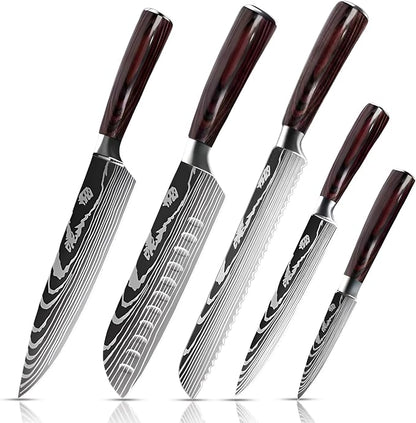 Kitchen Knife Set of 5, Ultra Sharp Knife Set with Pakkawood Handle, High Carbon Stainless Steel Knives Set for Kitchen