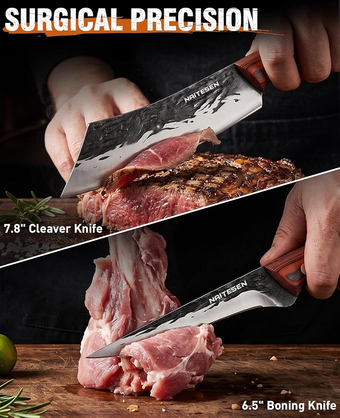 Naitesen 3PCS Hand Forged Butcher Knife Set - Very Sharp Serbian Chef Knife, Cleaver and Boning Knife for Meat Cutting Kitchen, Camping & BBQ - Full Tang Wood Handle with Gift Box