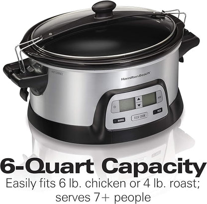Hamilton Beach 33861 Portable Programmable Slow Cooker, Dishwasher Safe Crock, 6 Qt, FlexCook Dual Digital Timer/2 Heat Settings, Lid Lock for Easy Travel, Silver