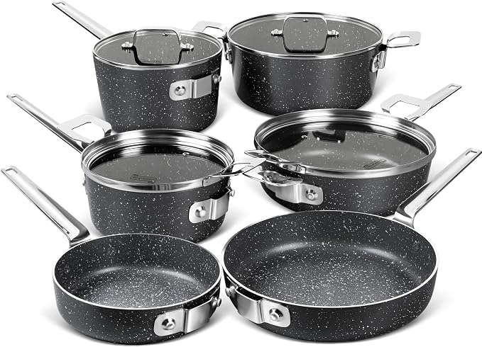 MICHELANGELO Stackable Pots and Pans Set, 10-Piece Nonstick Cookware with Stone Coatings, Space Saving - Gray