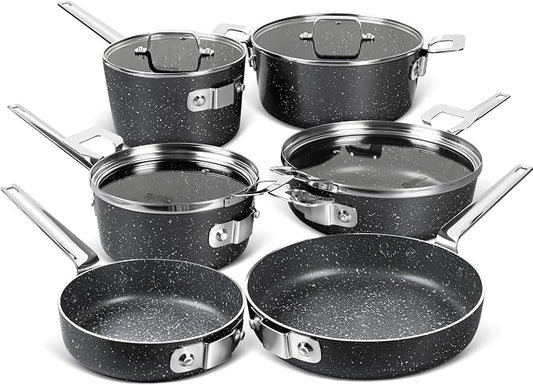 MICHELANGELO Stackable Pots and Pans Set, 10-Piece Nonstick Cookware with Stone Coatings, Space Saving - Gray