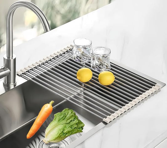 Roll Up Dish Drying Rack 17.7" x 15.8" Over The Sink Dish Drying Rack, Kitchen Dish Rack Stainless Steel Dish Drying Rack for Kitchen Sink Counter Storage (Grey)