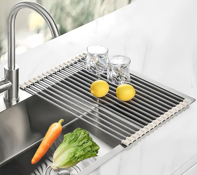 Roll Up Dish Drying Rack 17.7" x 11.8" Over The Sink Dish Drying Rack, Kitchen Dish Rack Stainless Steel Dish Drying Rack for Kitchen Sink Counter Storage (Grey)