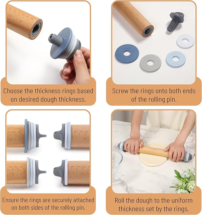 BAMBOO LAND- Adjustable Rolling Pin with Thickness Rings for Baking, 13.8", 4 Pastel Colored Thickness Rings (2-10 mm or 1/16"-3/8"), Wood Rolling Pins for Baking, Bread, Pizza Doughs