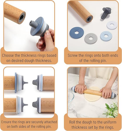 BAMBOO LAND- Adjustable Rolling Pin with Thickness Rings for Baking, 13.8", 4 Pastel Colored Thickness Rings (2-10 mm or 1/16"-3/8"), Wood Rolling Pins for Baking, Bread, Pizza Doughs