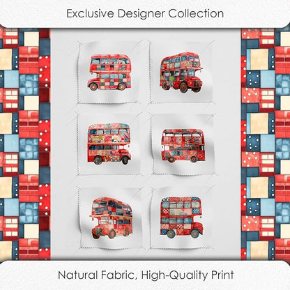 Patchwork Double-Decker Bus Cotton Fabric Panel – 6 Designs (10×10 inch Each) + Bonus Sheet 29.5×19.6 inch, 100% Cotton 140 GSM, Made in Türkiye
