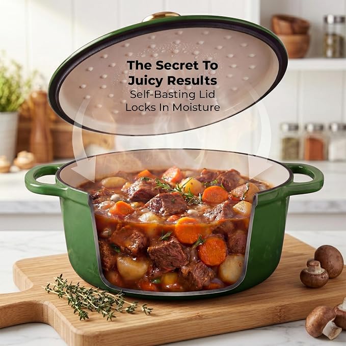 Zulay Kitchen 6.4QT Enameled Cast Iron Dutch Oven Pot with Lid, Heavy-Duty Soup Pot for Stews, Braising, Roasting & Sourdough Bread Baking, Oven Safe up to 500°F - Green